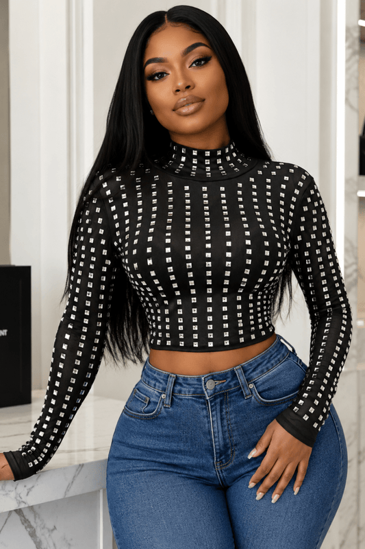 Crystal Embellished Mock Neck Top | Glam Long Sleeve Evening Blouse
