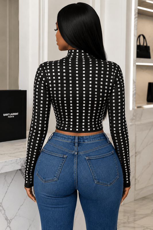 Crystal Embellished Mock Neck Top | Glam Long Sleeve Evening Blouse